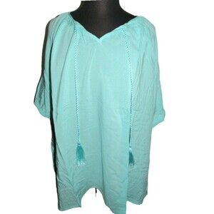 Ellos Women's Aqua Tassel Tie Peasant Top Plus Size 22-24